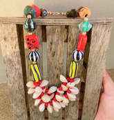 HANDMADE Antique White Heart beads Vintage and New GLASS BEADS Shell NECKLACE